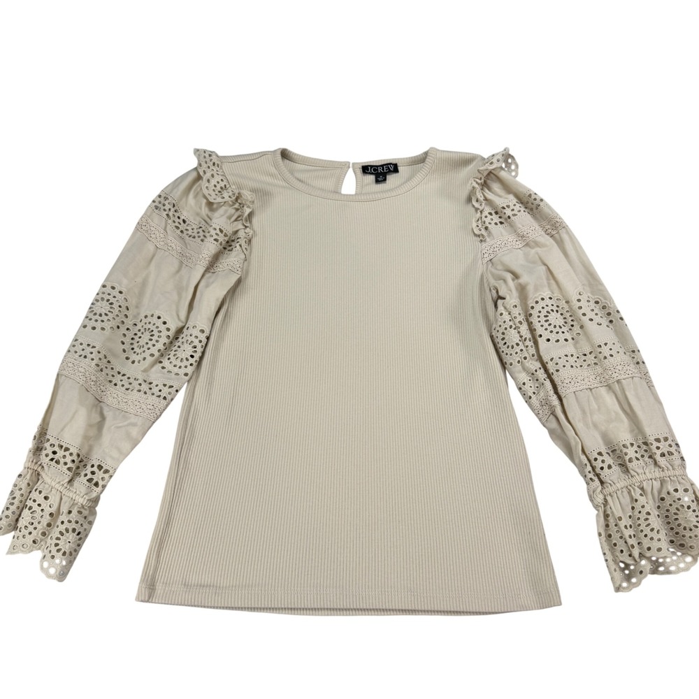 J.Crew Ribbed Eyelet Lace Puff Sleeve Top Beige Cream Medium‎
